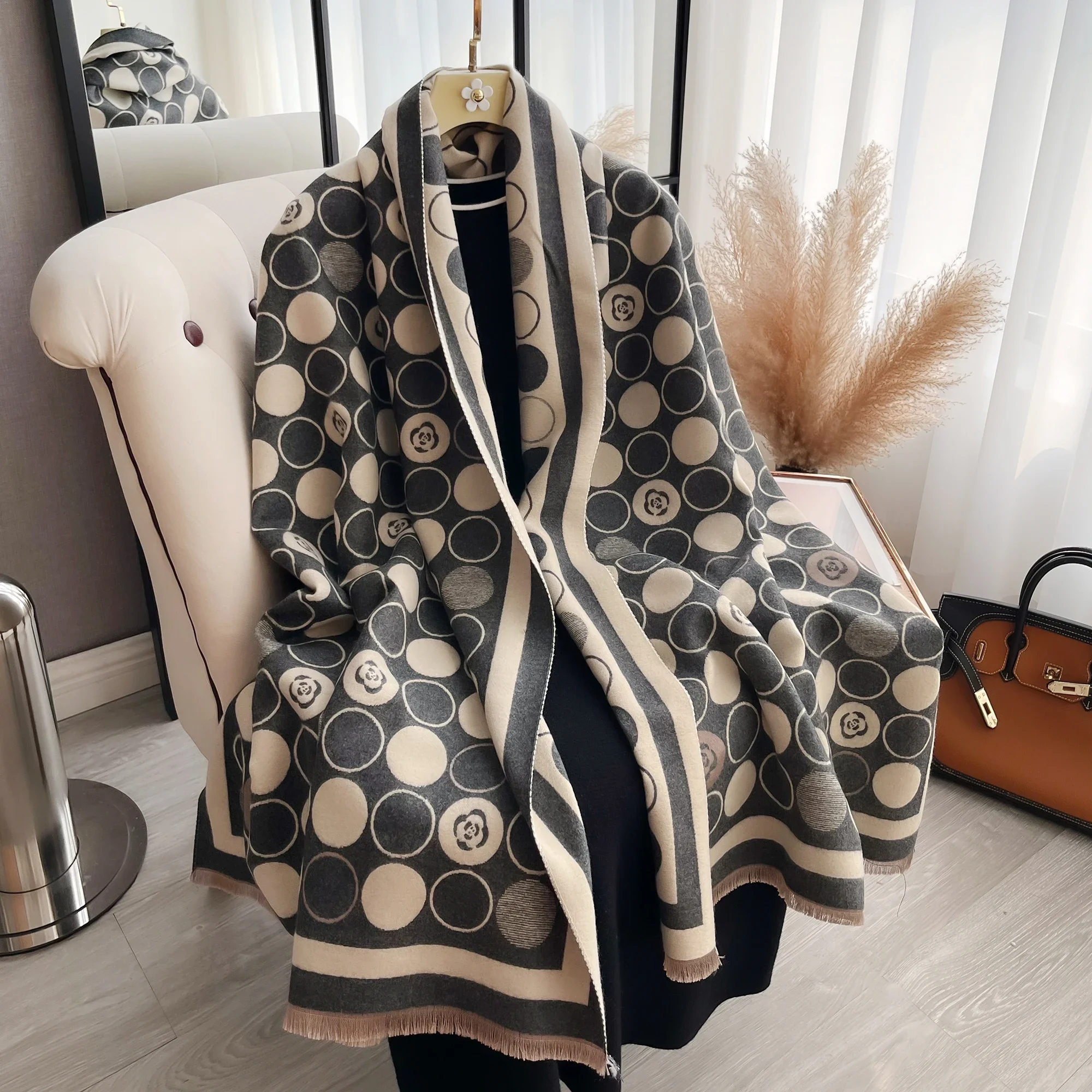 Double Sided Dot Printing Tassel Scarf Mature Imitation Cashmere Warm Shawl Autumn Winter Office Coldproof Windproof Wrapped Sca