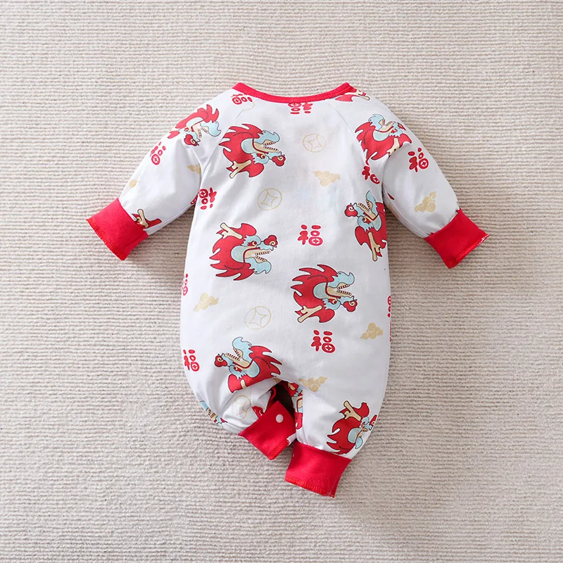 Chinese New Year Baby Clothes Dragon Pattern 0-1 Year Old Baby Pure Cotton Long Sleeved Jumpsuit For All Seasons
