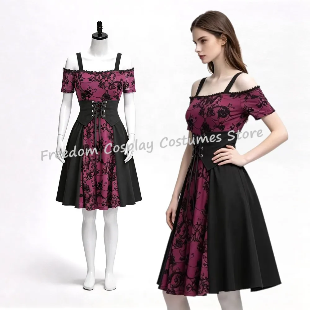 Vestido corto de tirantes con estampado gótico punk medieval rojo y negro para mujer 2026, ideal para Halloween y cosplay de vampiro.