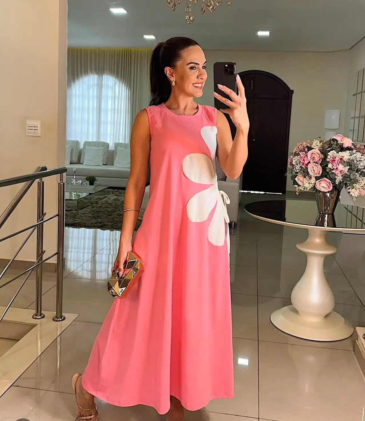 

Elegant Sleeveless O-neck Dress For Women Summer Fashionable Flower Printing Waist-exposed Strap Loose Casual Dresses Female