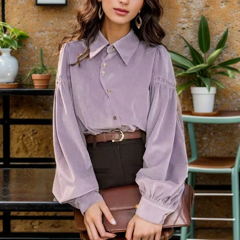 

Korean Lantern Sleeve Women's Shirts Loose Botton Up Casual Blouse Women Blusas Elegant Lapel Office Lady Tops Fashion New 29832