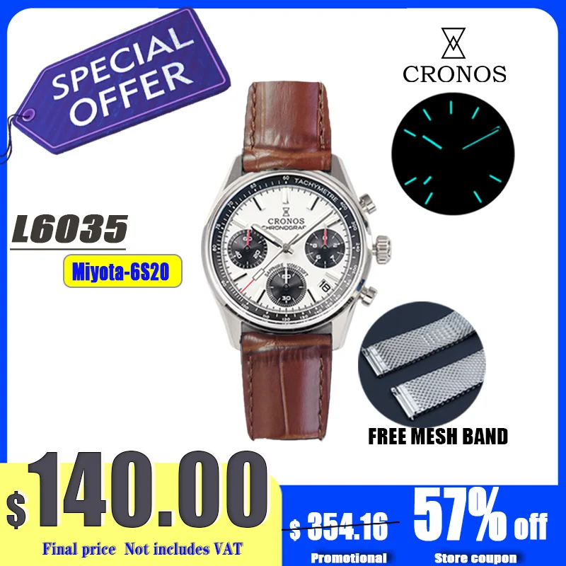 كرونوس جديد كرونوغراف كوارتز ساعة رجالية ميوتا S620 أبيض وأسود الباندا الهاتفي الياقوت 10 ATM Tachymetre حزام من الجلد