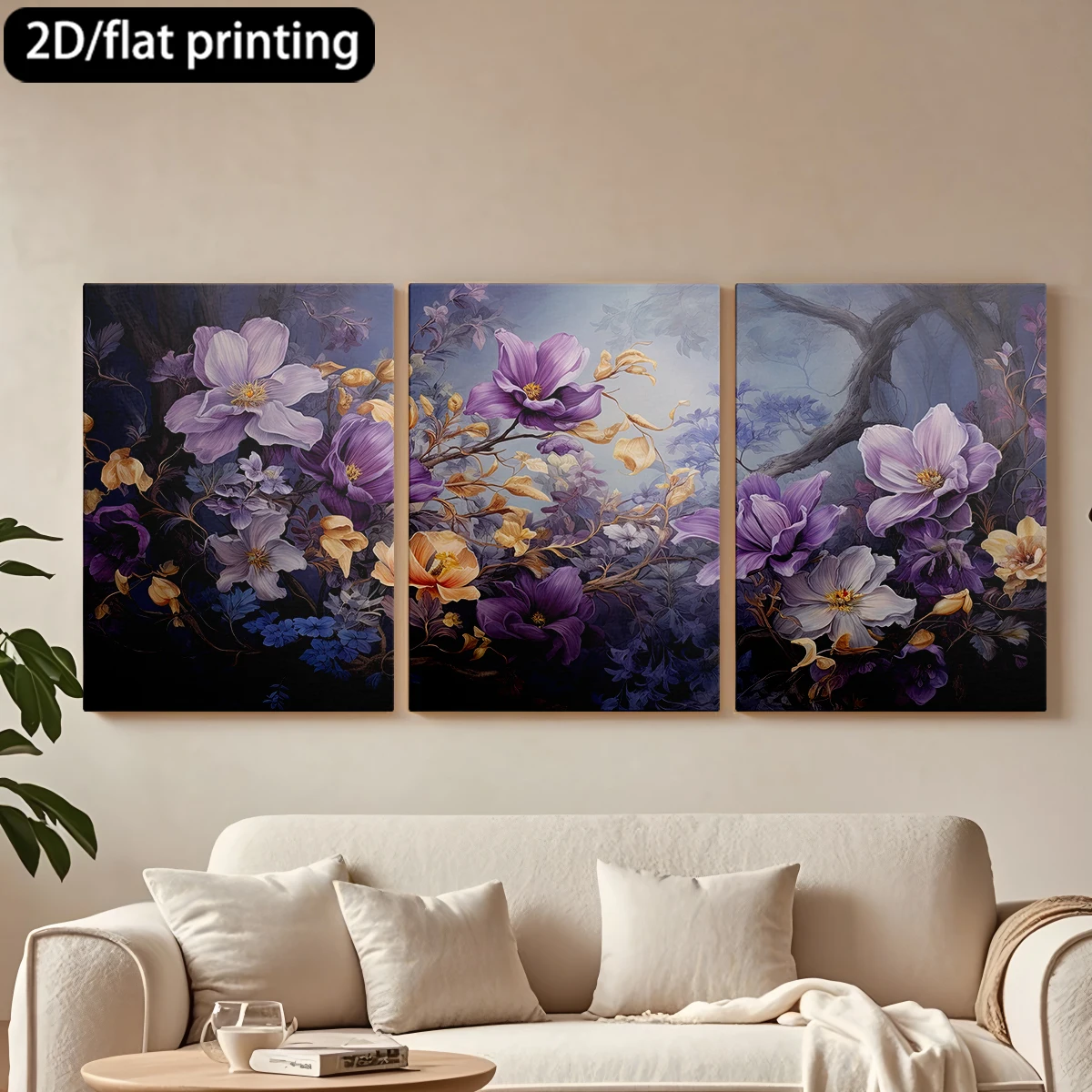 

3pc wooden frame canvas decorative paintingFloral painting, purple yellow blooms.Corridor bedroom decoration