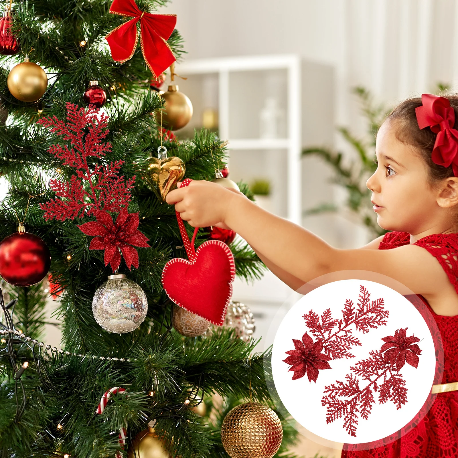 

6Pcs Artificial Christmas Flower Glitter Pine Branches Clip for Xmas Tree Decorations Party Table Setting Stair Handrail Festive