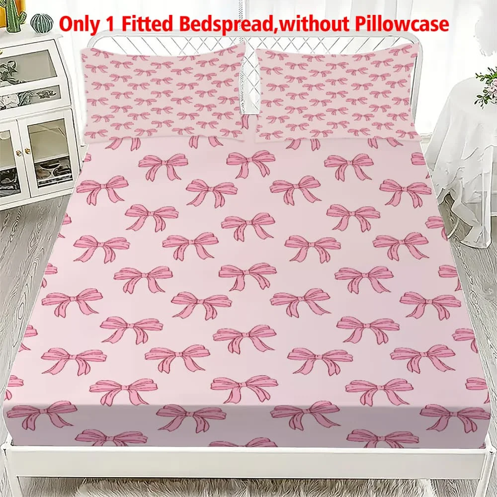 1pc Light Pink Bow Print Fitted Sheet Deep Pocket Elastic Mattress Cover Single Double Queen King Bedroom Decor