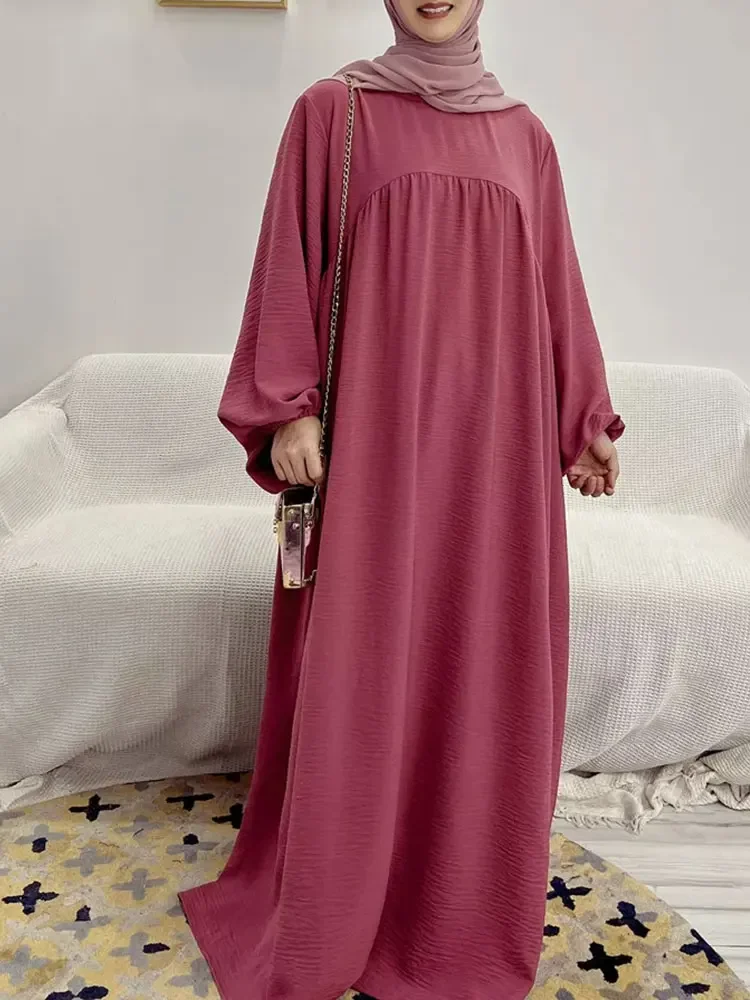 Abaya fechado manga balão liso solto abayas para mulheres dubai turquia muçulmano hijab vestido ramadan eid islam roupa de oração