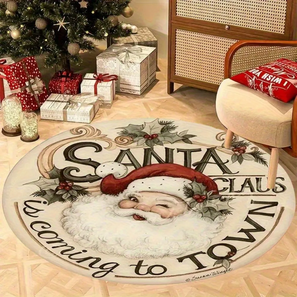 

VIKAMA Christmas Round Rug Velvet Vintage Santa Claus Theme Non-Slip, Machine Washable Holiday Decor Gift home