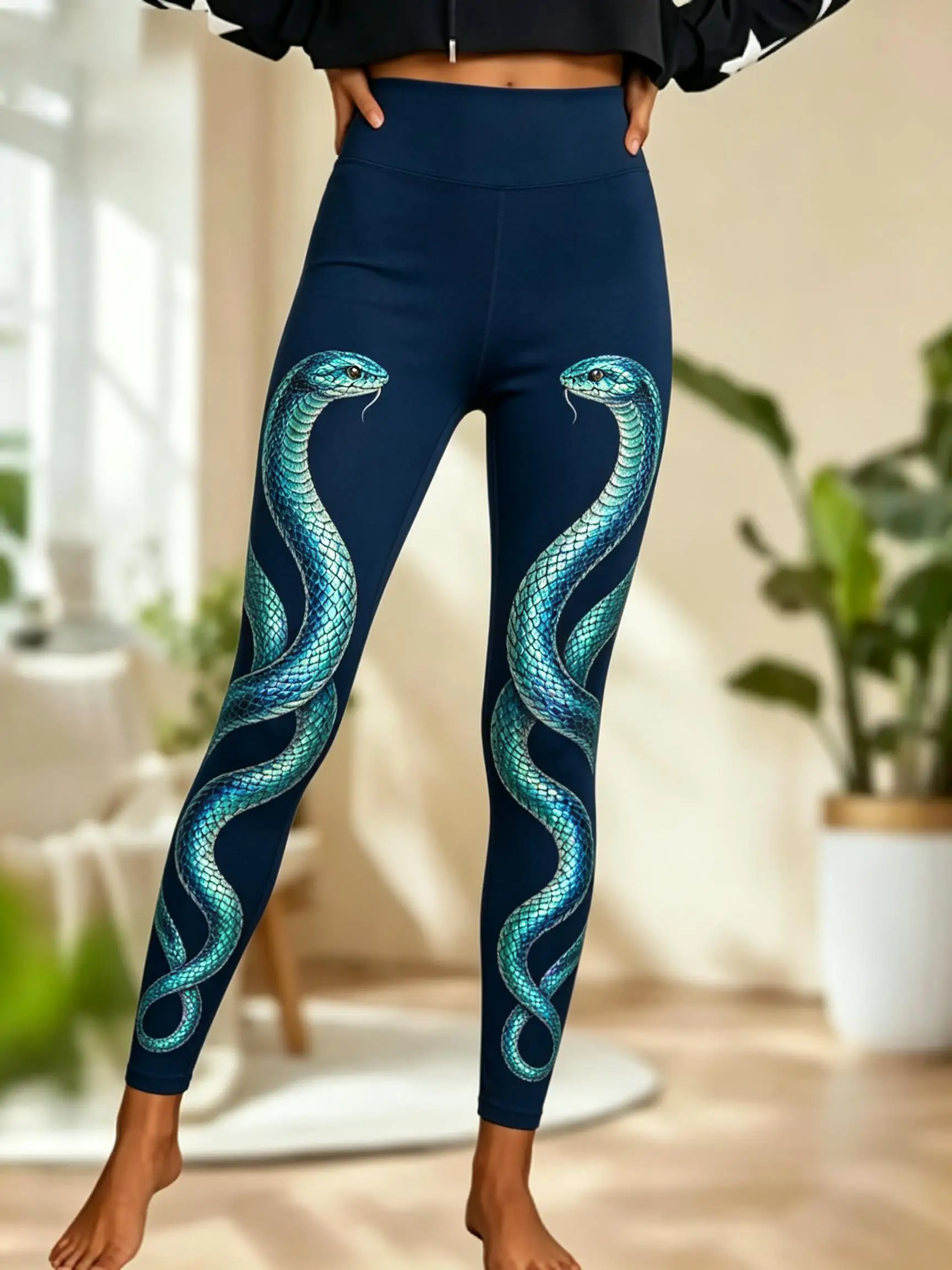 Women Fleece‑lined Mid‑rise Leggings Dark Heather Gray Dual Golden Cobra Snake Print Slim Stretch Winter Casual Pants