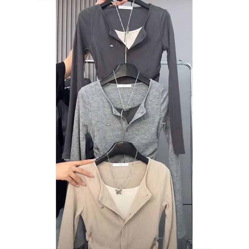 Primavera Otoño Invierno ropa interior estilo Casual fibra de poliéster longitud corta Slim Fit cuello pico manga larga Base camisa camiseta de mujer