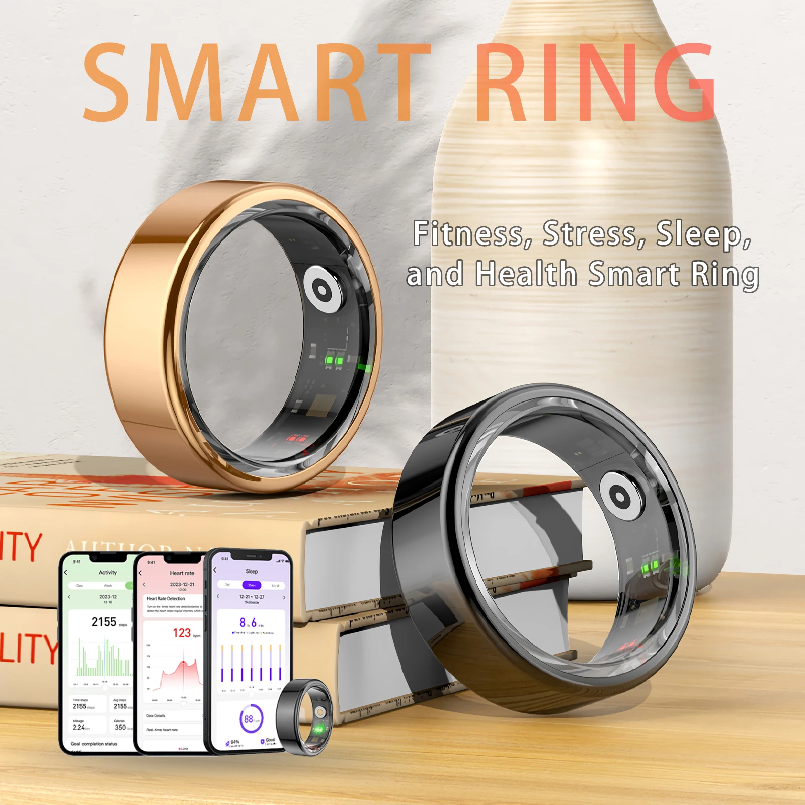 

New Smart Ring Blood Pressure Sleep Monitoring Waterproof Sports Fitness Tracker Military Grades Titanium Steel Shell SmartRing