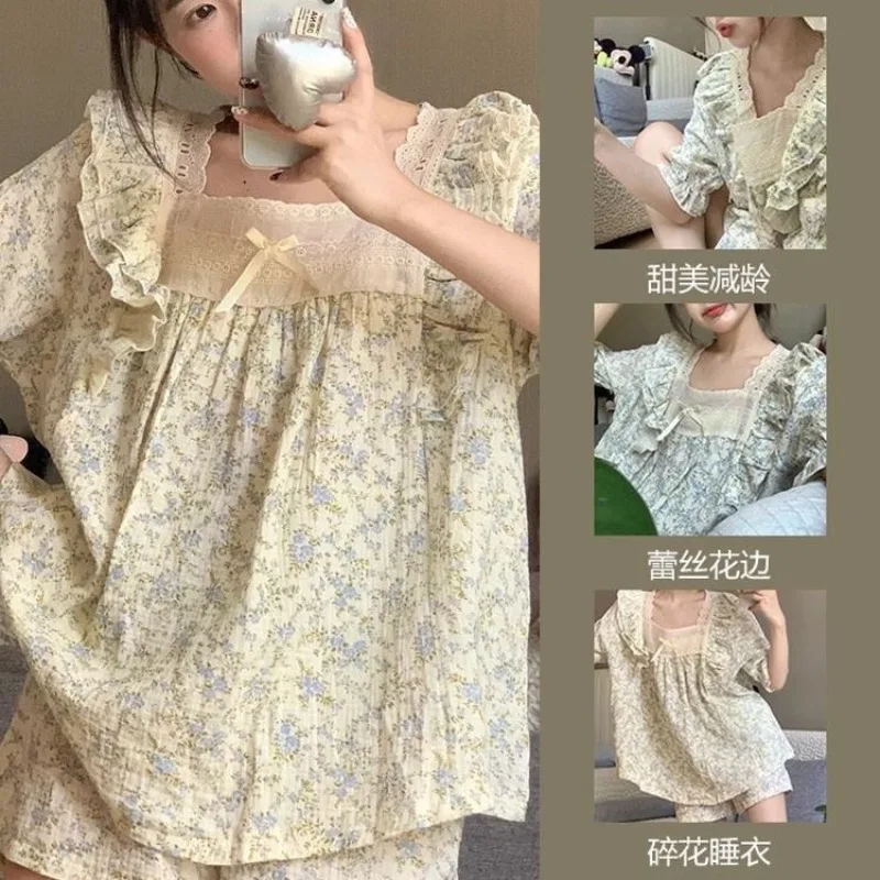 

Комплект домашней одежды из чистого хлопка для женщин: летний, тонкий, с коротким рукавом, в милом цветочном принте, в стиле принцессы, для студенток, с короткими шортами, пижама