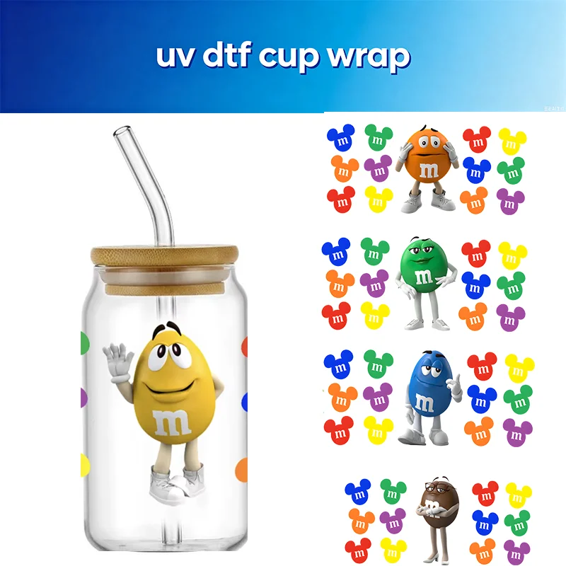 popular MM Candy Bean Cartoon UV DTF Cup Wraps, Colorful transfer Stickers, Waterproof Decals for Tumbler, Fun Party home Decor