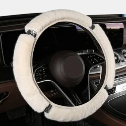 Premium Soft Short Fur Car Steering Wheel Cover High-Density Warm Plush Winter Diamond Rhinestones Protector Cover No Inner Ring