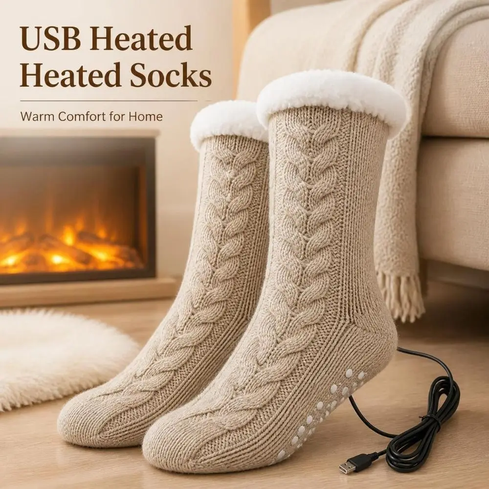 5V 2A Electric Heated Socks Anti-Slip Sole USB Powered USB Heating Socks Knitted Fabric Foot Warming Socks Cold Weather