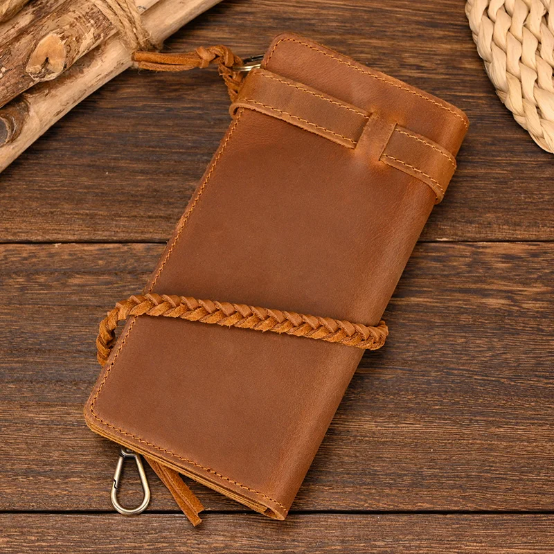 Vintage Crazy Horse leather men long wallet Hasp Open large capacity zipper coin purse genuine leather chain clutch men wallets