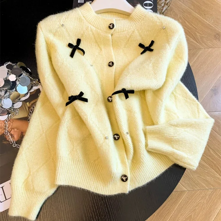 Fashion Diamond Sweet Bow Short Knit Cardigan Coat Round Neck Single-Breasted Long Sleeve Soft Knitwear Autumn Women Pull Femme