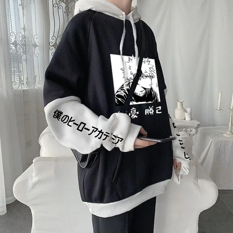 Harajuku Anime My Hero Academia Casual Fleece Hoodies Manga Bakugou Katsuki Women Oversized Patchwork Long Sleeves Sweatshirts