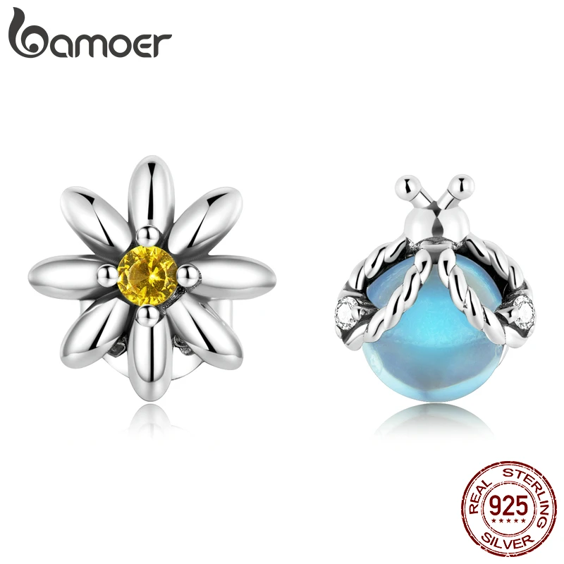

BAMOER 925 Sterling Silver Daisy & Ladybug Asymmetrical Design Stud Earrings for Women Murano Ear Studs Fine Jewelry Spring Gift
