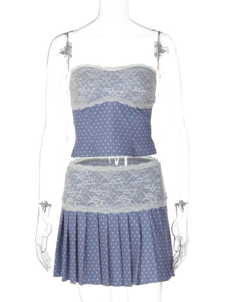 FDYOUI Sexy Lace Patchwork Polka Dot Crop Top+Mini Skirt 2 Piece Set Women Strapless Off Shoulder Pleated Dress Suit Streetwear