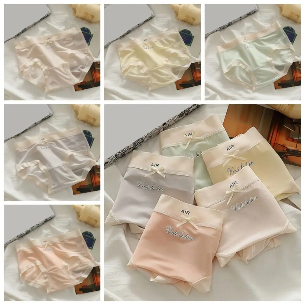 

5PCS Mid Waist Ice Silk Panties Bowknot Mesh Underwear Seamless Briefs Cotton Crotch Female Lingerie Women's Thin Underpants