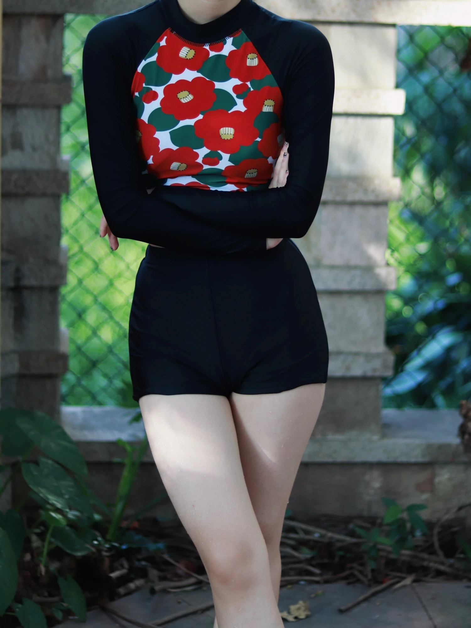 

Retro Long Sve Swimsuit Separate Profional Racing Sport Student Conservative Fem Bathing Suit for Hot Spring Vaion