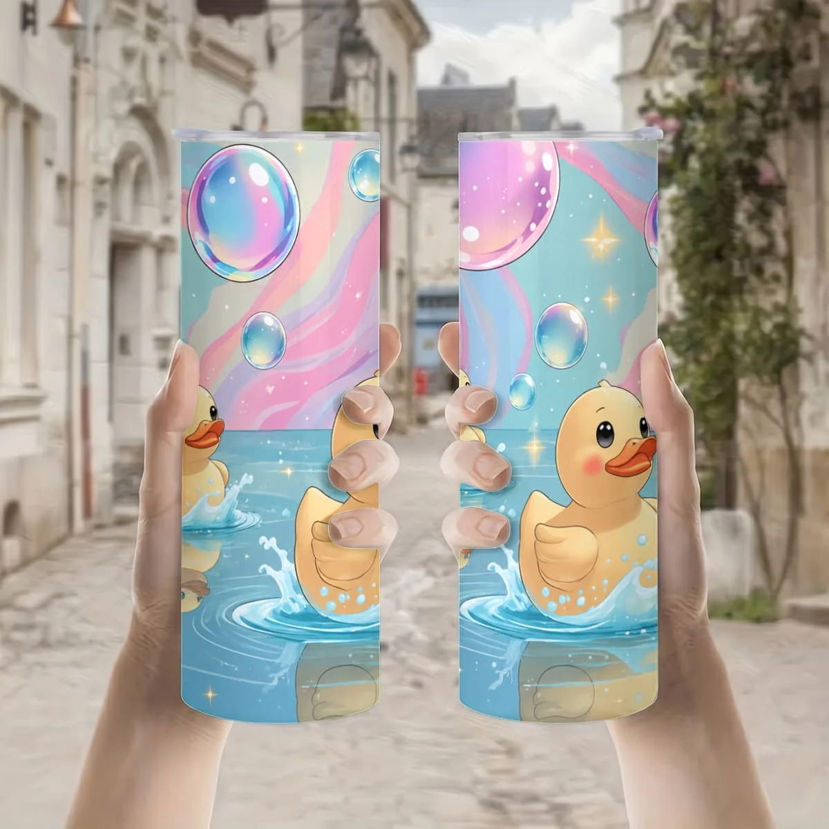 1pc 20Oz Cute Yellow Rubber Ducks Swimming in Blue Water with Colorful Bubbles And Sparkles Pattern Stainless Steel Insulated Tumblers Coffee Office Travel Mug with Lid Cup Daily Use Leakproof And Bpa Free Keep Drink Hot And Cold Ideal Gift for view 4