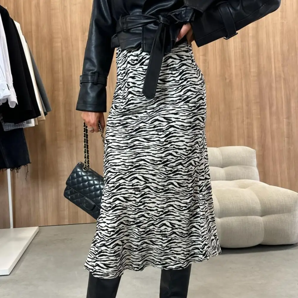 Leopard Print Bottom Leopard Print High Waist Midi Skirt with Zipper Detail Women's Commuting Style Mid-calf Length for Everyday