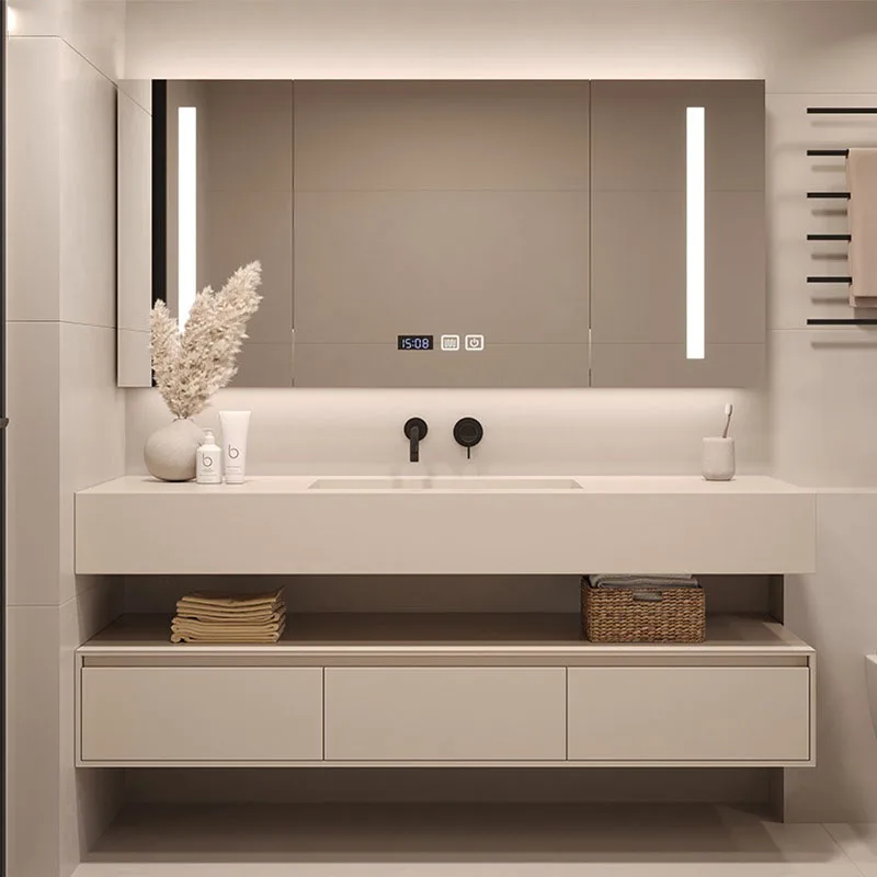 Customized Light Luxury and Simple Rock Plate Bathroom Cabinet Combination Seamless Integrated Basin Double layer