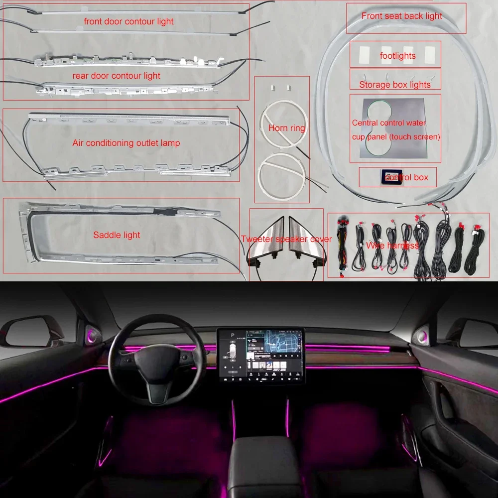 64 colors Decorate lamp touch control For Tesla Model3 model 3 2019-2021 inter Ambient Light 3D Tweeter Neon Lamp Speaker Cover