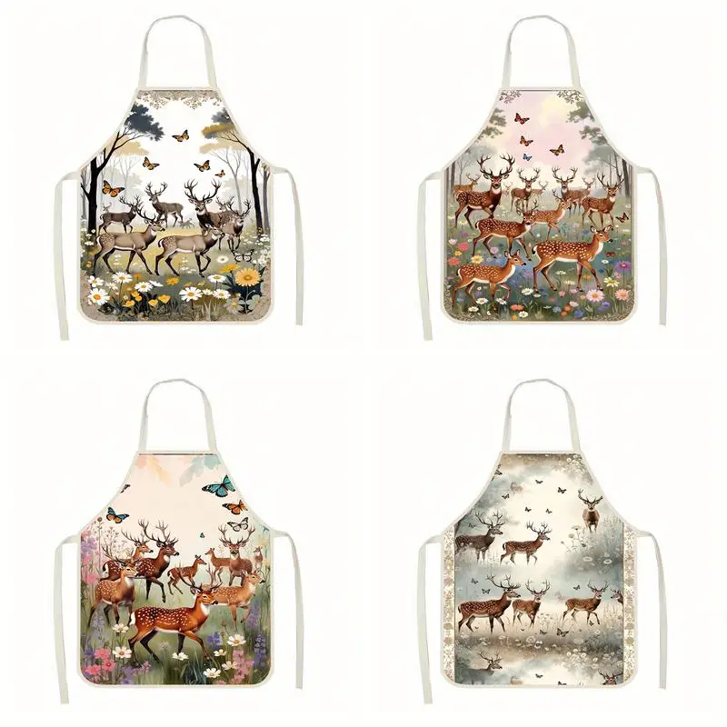

Льняной фартук с рисунком оленей и бабочек, подходит для приготовления пищи на кухне, общения родителей и детей, рисования и других мероприятий.