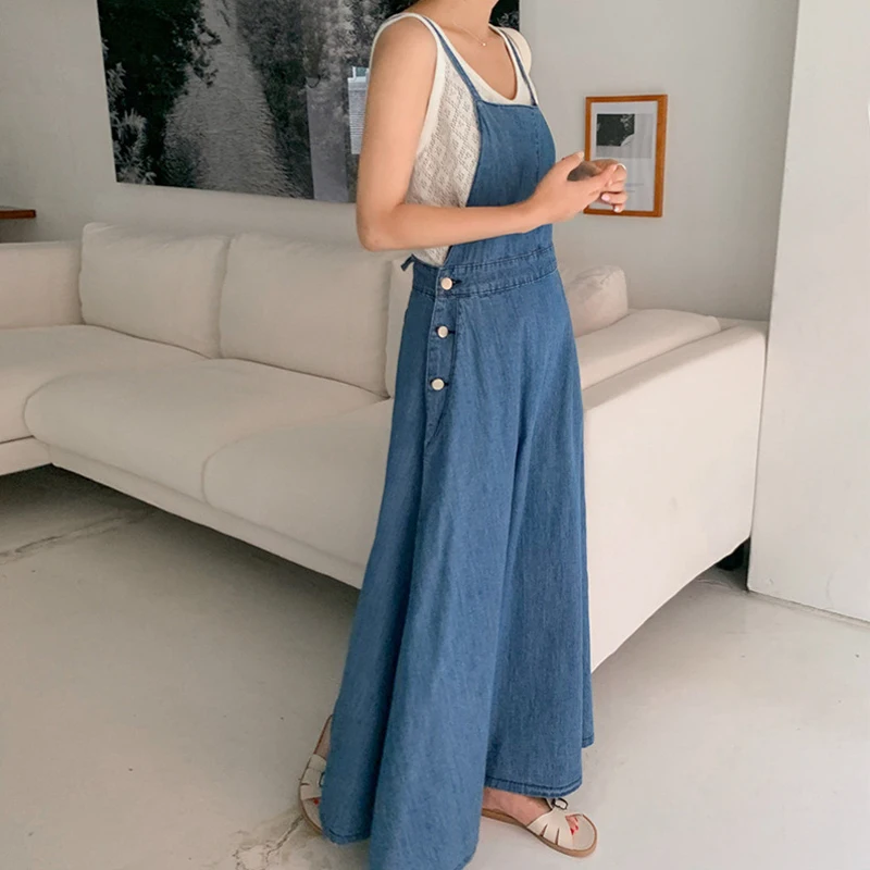 Johnature New Summer Denim Shoulder-straps Long Dress 2024 Casual Korean Loose Pockets Jeans Pockets Women Dresses