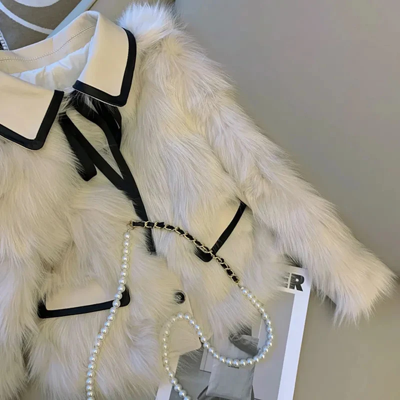 Fashion Faux Fox Fur Women Coat Y2K Korean Chic Patchwork Single Breasted Crop Jacket Winter Warm Elegant Bow Fluffy Outerwear