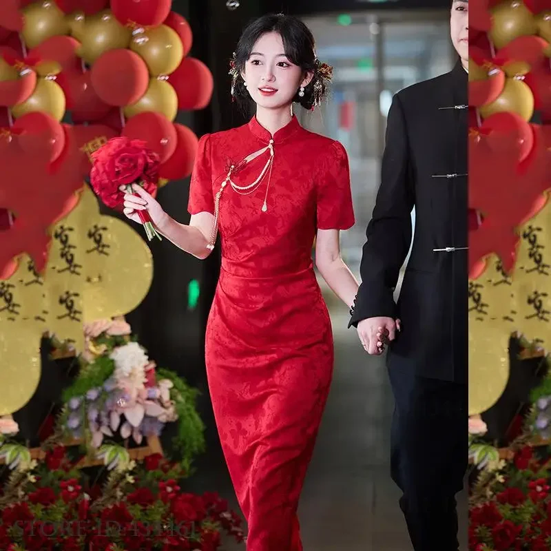 

Chinese Bride Wedding Party Dress New Chinese Style Improved Cheongsam Sexy Slim Hollow Out Women's Dress Elegant Classic Qipao