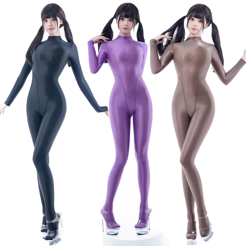 Sexy Women Glossy Tight Swimwear Back Zippered Shiny Smooth See Through One Piece Bodysuit Ultra Thin Japanese Swimsuit