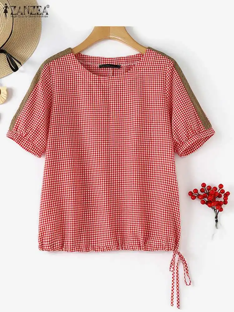 ZANZEA Drawstring Hem Casual Blusas Mujer Women Lace Patchwork Vintage Checked Gingham Blouses Short Sleeve Summer Shirt Tops