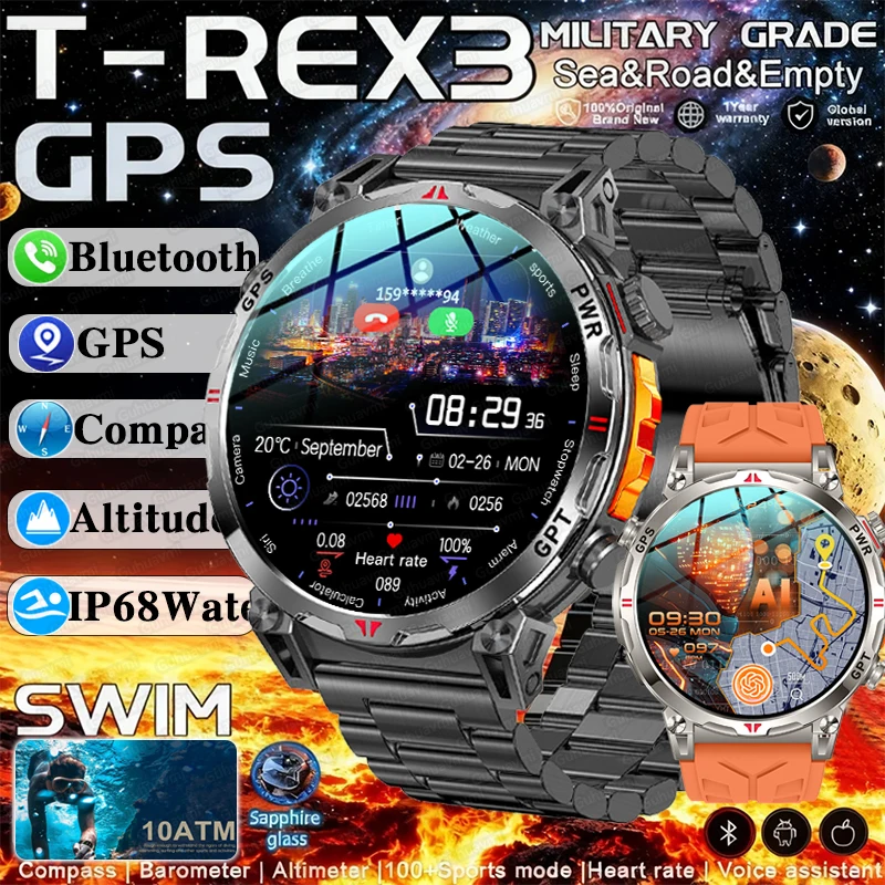 2025 New Military T-Rex3 GPS Smart Watch 10ATM Waterproof 650mAh Battery Heart Rate Compass AI GPS Sports tracker Smartwatch Men