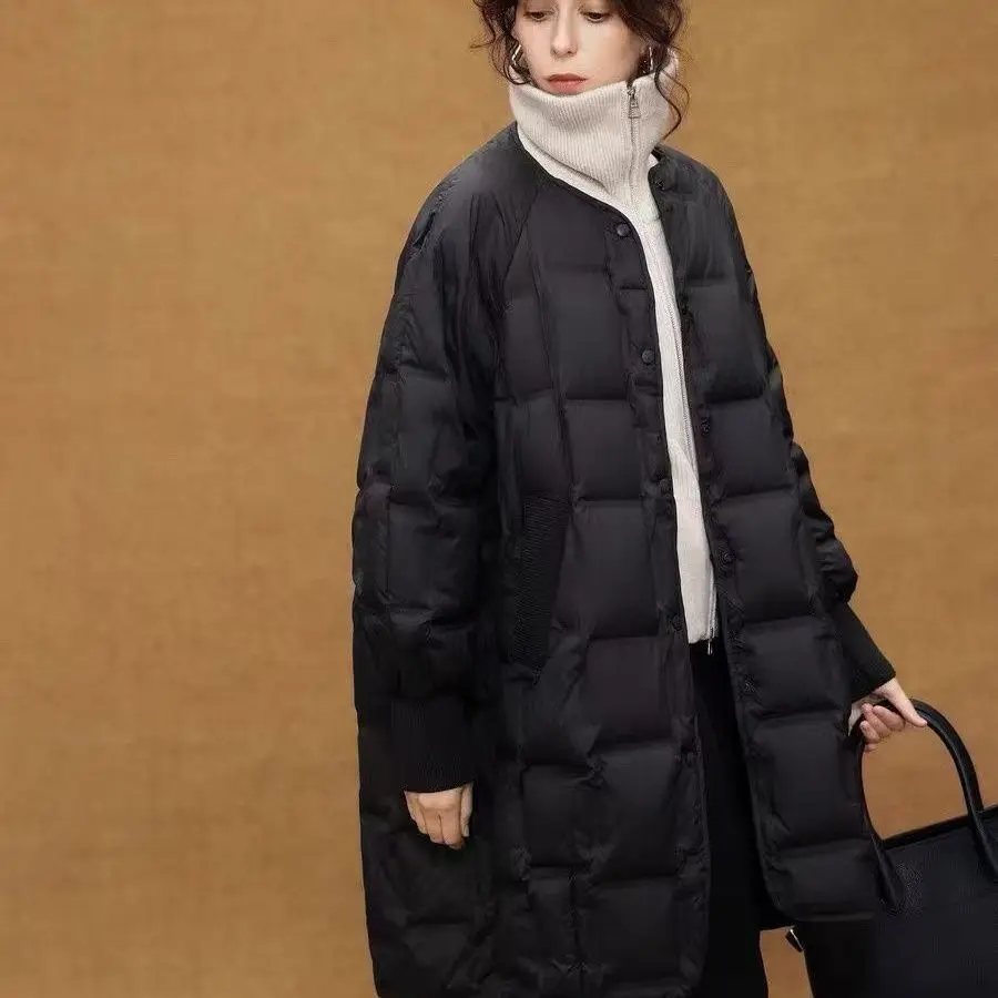 Herfst Winter Halflange Donsjack voor Vrouwen Nieuwe Warme Gewatteerde Witte Eend Donsjack O-hals Puffer Jas Mujer Trendy Zwart