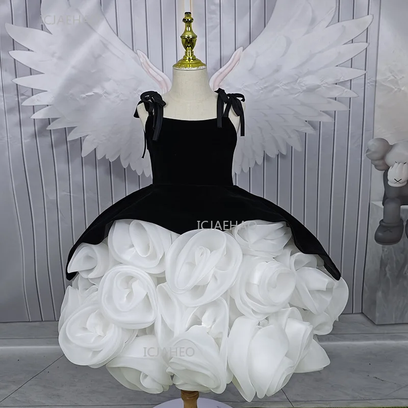 

Party Dress Vestido Children Black Vintage Girls Birthday Dresses Costume 3D Floral Princess Gown Clothes Stage Pageant Outfit