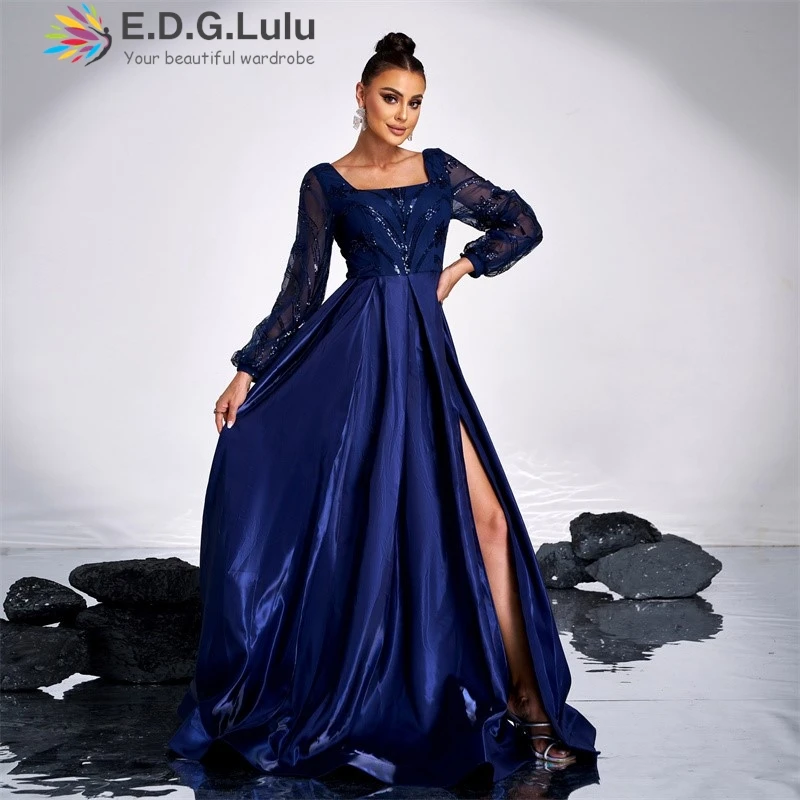 EDGLuLu Abito da compleanno con maniche a lanterna Donna 2024 Elegante abito da sera lungo con paillettes stampato patchwork in raso blu 1125