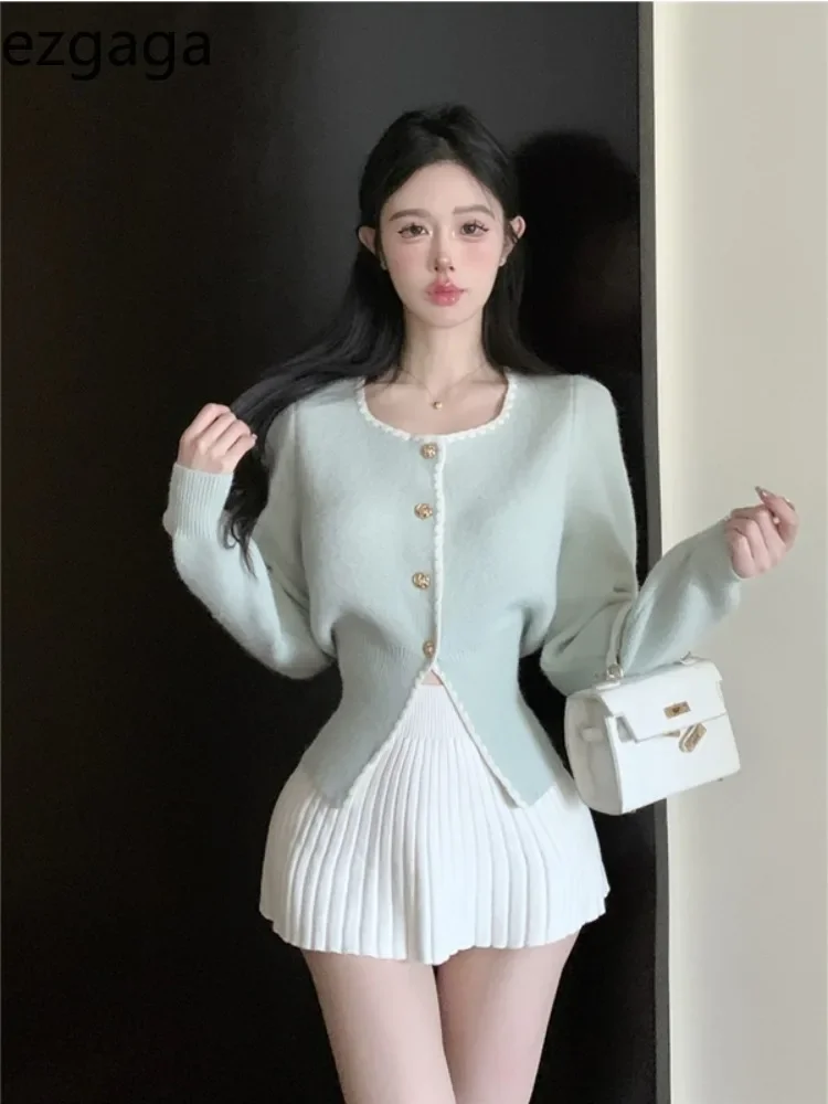 Ezgaga Elegant Sweater Women Square Collar Autumn Winter Sweet Knitted Cardigan Solid Split Outwear Female Fashion Top