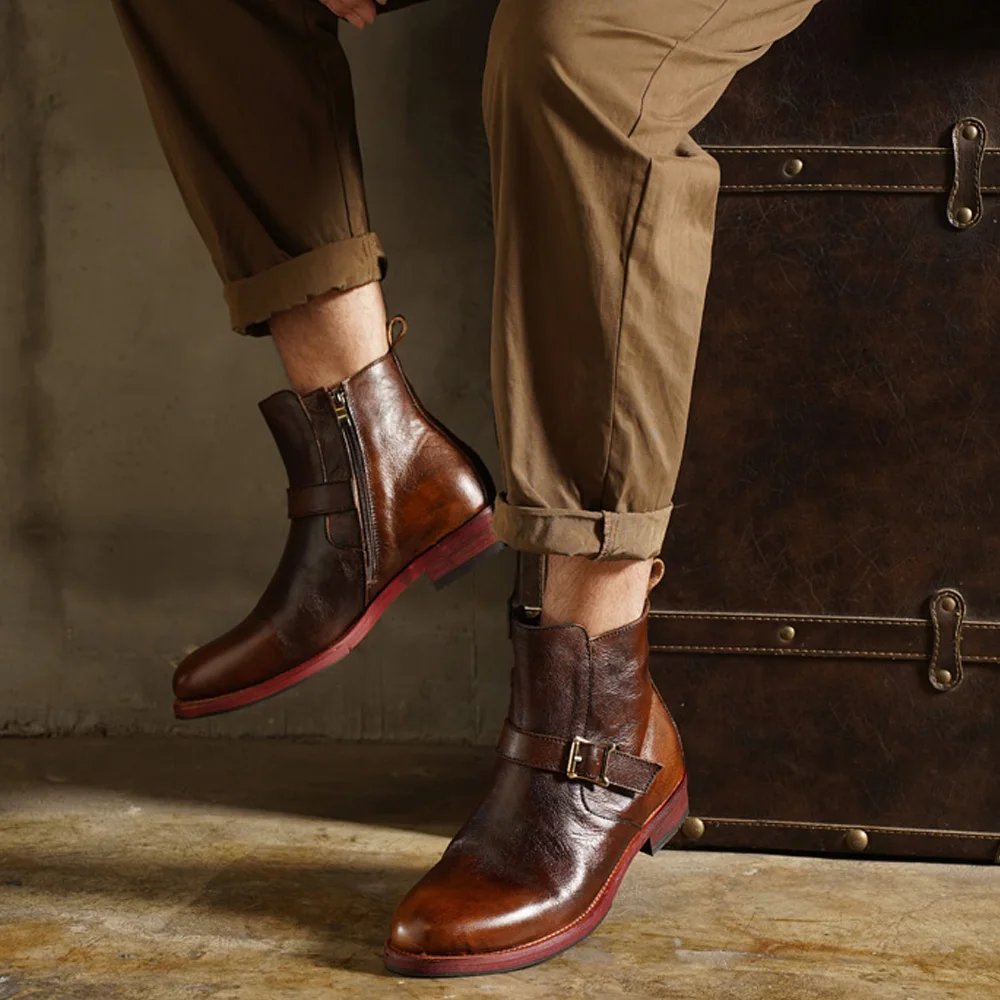 Fashion Men's Genuine Leather Motorcycle Boots British Brogue Shoes Buckle Strap Oxford Big Head Ankle Western Chelsea Boots