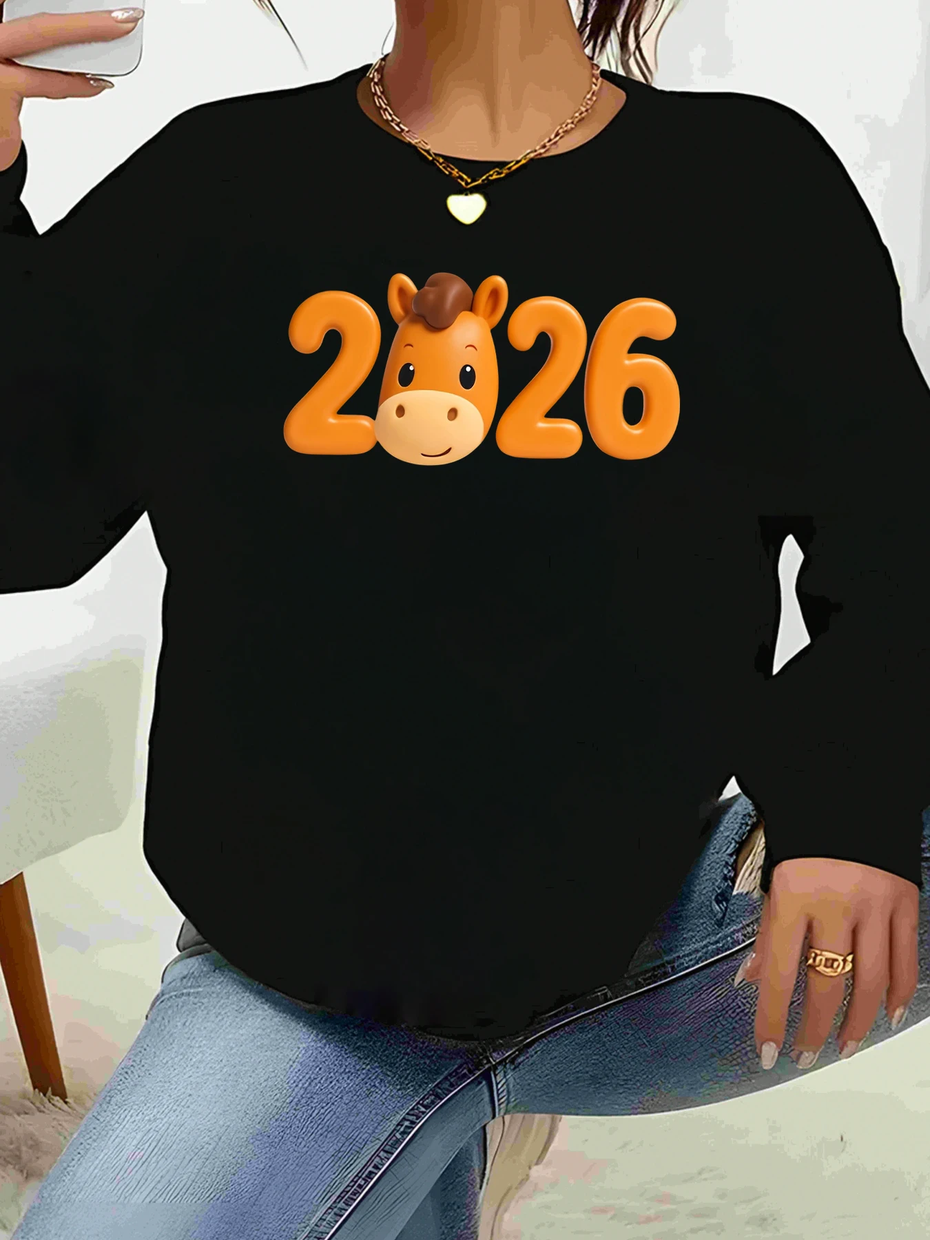 

2026 Футболка с длинными рукавами и принтом «Лошадь», новогоднее празднование, повседневная одежда, женская одежда