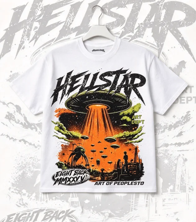 2026 Dark Sci-Fi Alien Creature Graphic Tee Retro Spacecraft Scene Distressed Print Street Fashion Short Sleeve Shirt