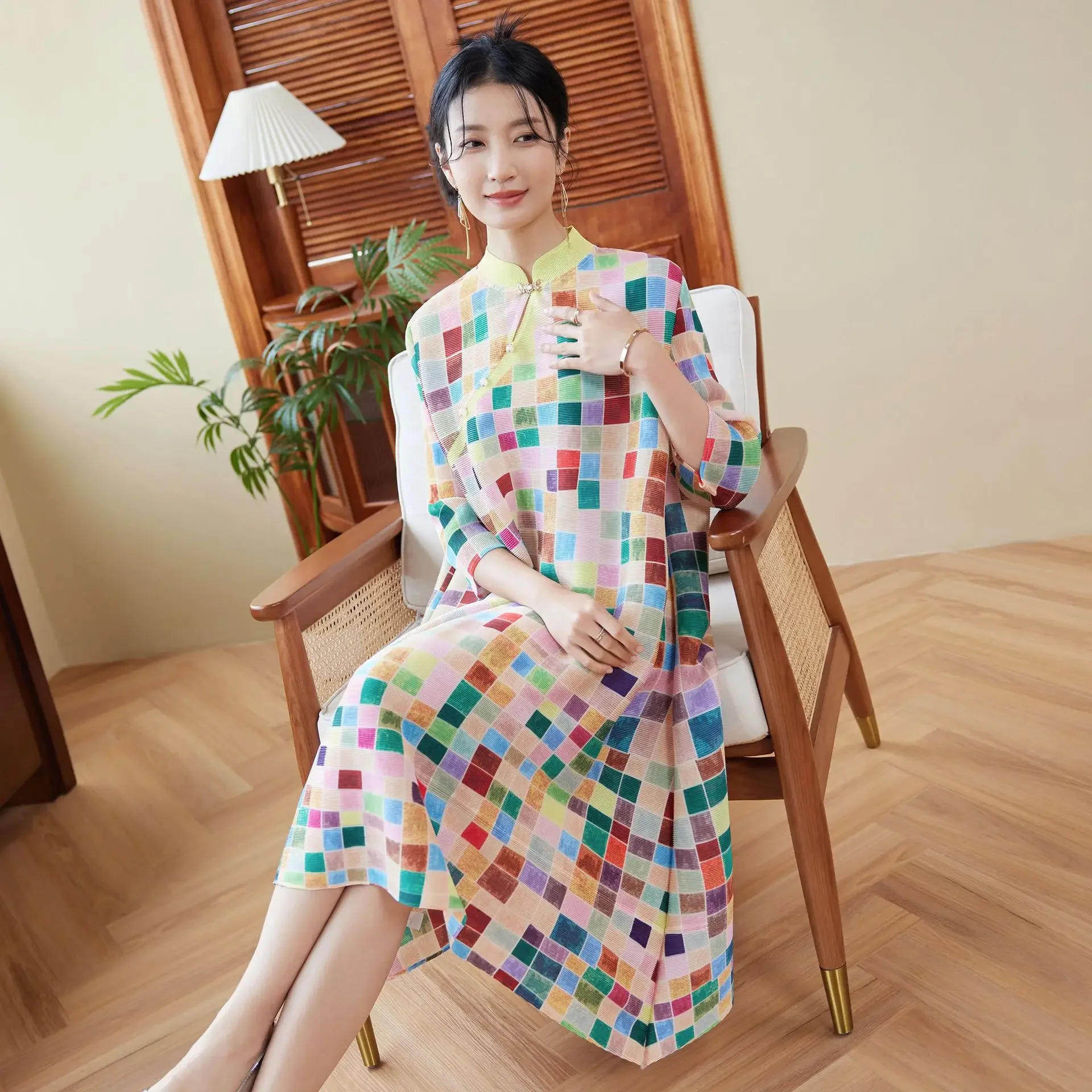 Miyake Pleated Dress Women's 2024 Spring New Fashion Printed Stand Collar Mid-sleeve Loose Large Size Elegant Mid-length Skirt