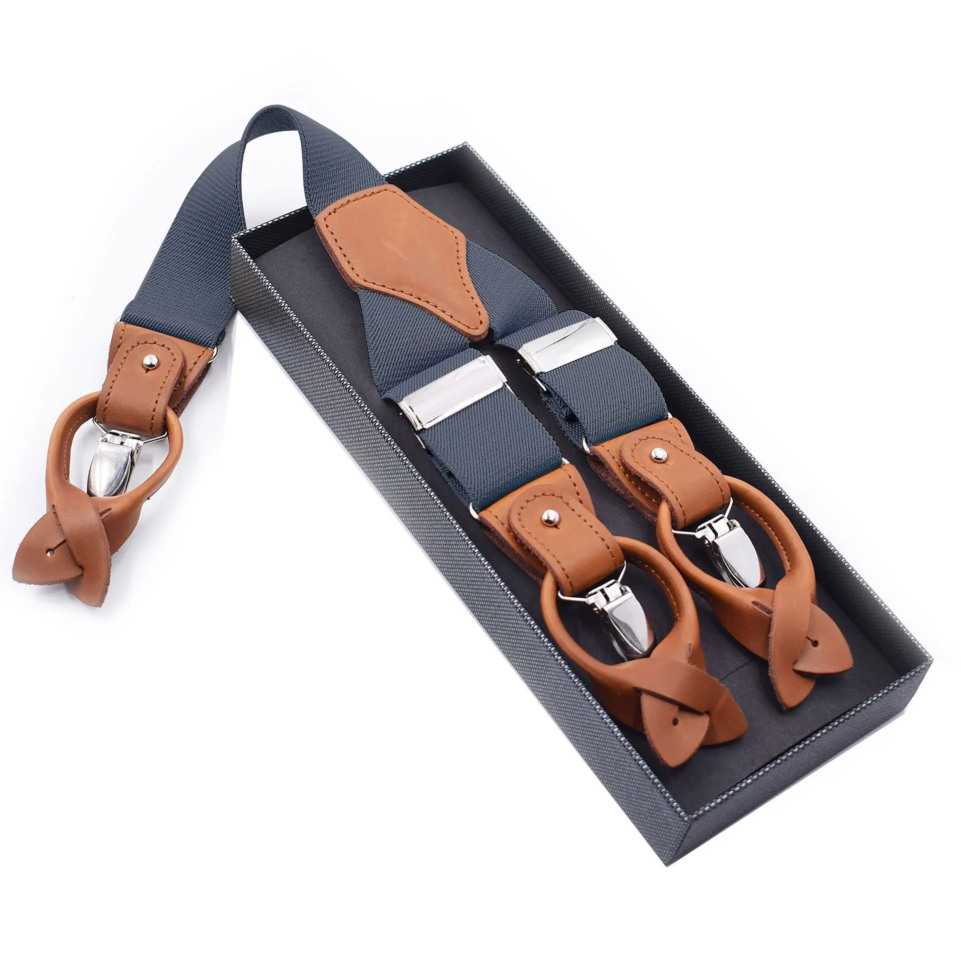3.5cm Elastic and Stretchable 6-clip Adult Male Office Worker Shoulder Strap Clip Dual-purpose Brown Leather Adjustable Hanging