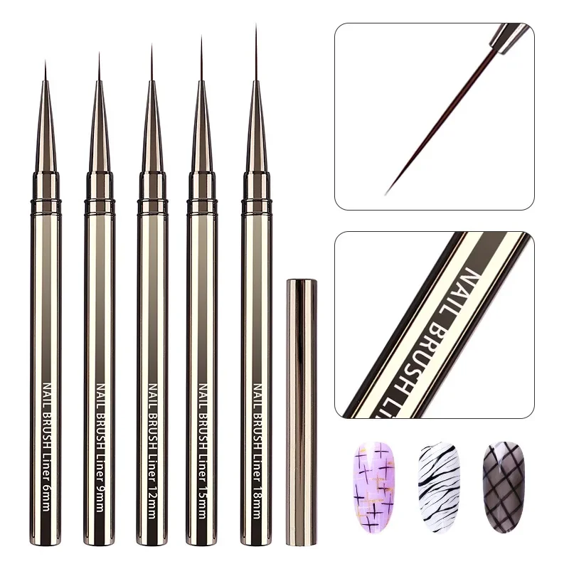 5PCS/set 6/9/12/15/18mm Nail Liner Brush Set Drawing Lines Stripe Painting Flower Pen Nail Art Manicure Metal Handle Brush Set