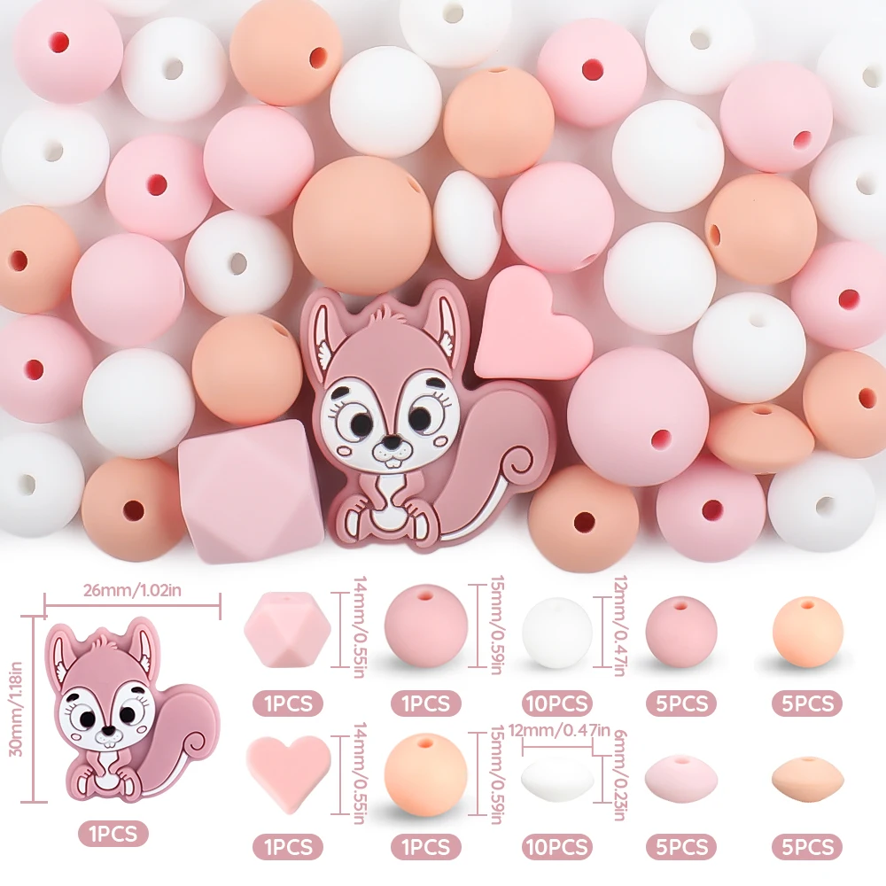 45pcs/Set Squirrel Silicone Beads Baby Round Chew Beads Set Food Grade DIY Dummy Pacifier Clips Nursing Decoration Accessories