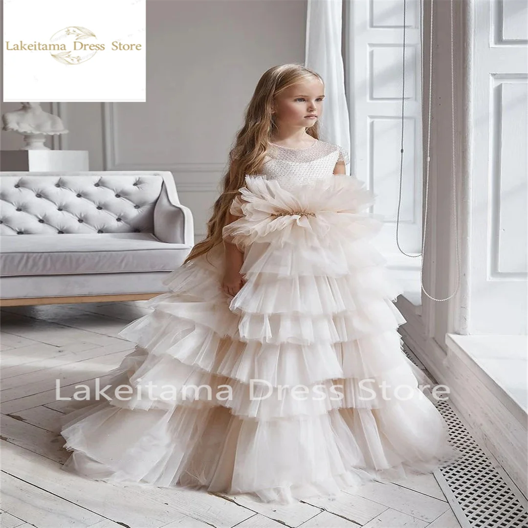 

Layered 2024 Flower Girl Dresses For Wedding Tulle Puffy Floor Length Short Sleeves Kids Ball Gown First Communication Dress