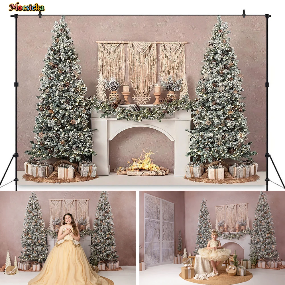 Beige Christmas Fireplace Photography Background Xmas Tree Candle Gift Backdrop Kids Family Boho Winter Room Photographic Studio