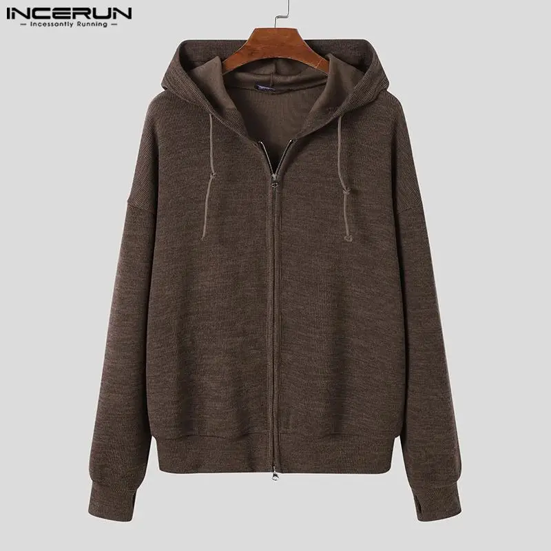 Men Cardigan Sweater Solid Color Zipper Hooded Long Sleeve Knitted 2024 Casual Male Outerwear Streetwear Spring Sweaters INCERUN